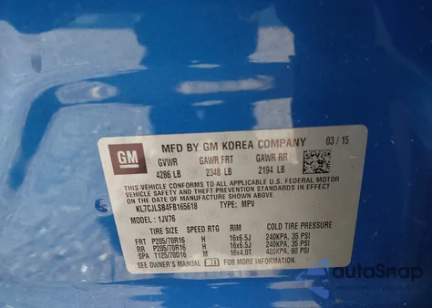 2015 Chevrolet Trax Lt from USA, damaged, VIN KL7CJLSB4FB165618